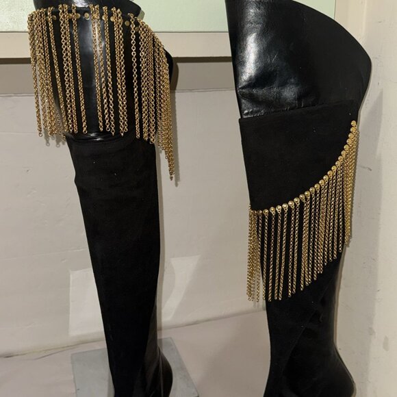 36/6❤️ITALY Francesco Sacco Leather Over Knee High Heels Tall Gold Chain Boots - Picture 10 of 10